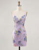 Pink Bodycon Floral Mini Homecoming Dress with Sequins