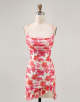 Red Flower Bodycon Spaghetti Straps Printed Mini Homecoming Dress