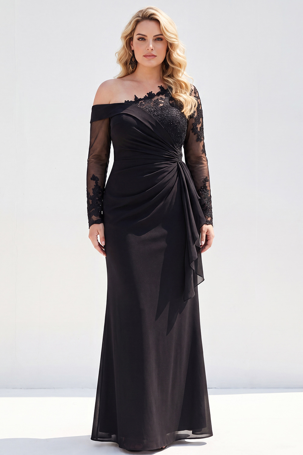 Black Mermaid Long Sleeves Ruched Plus Size Mother of the Bride Dress with Sash