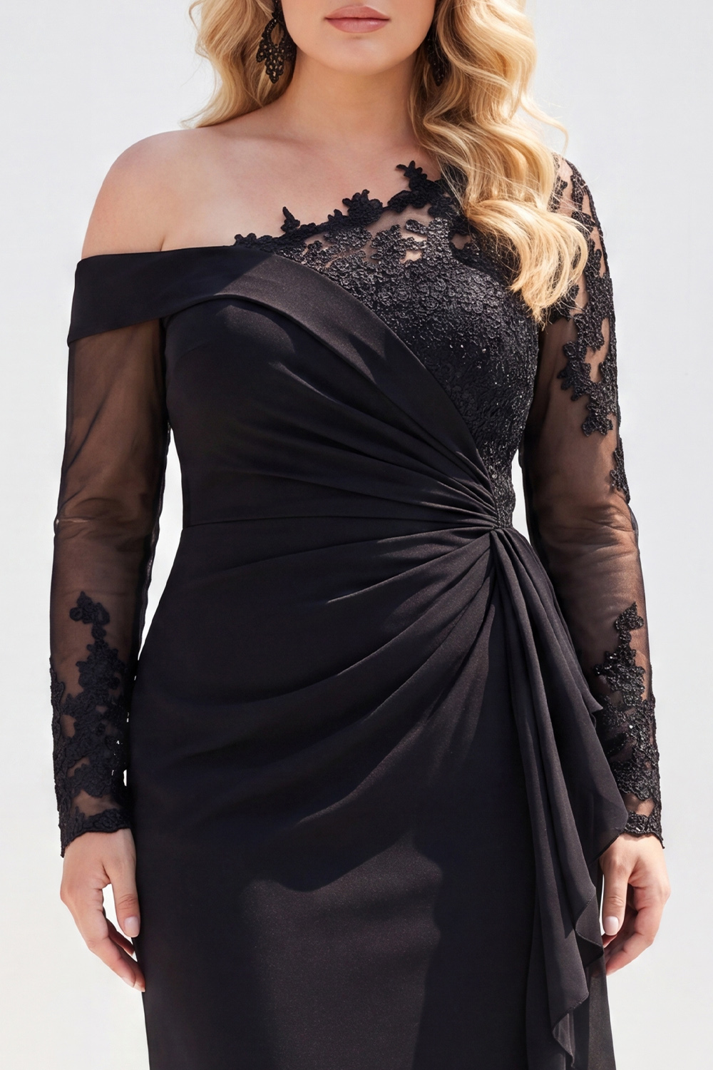 Black Mermaid Long Sleeves Ruched Plus Size Mother of the Bride Dress with Sash