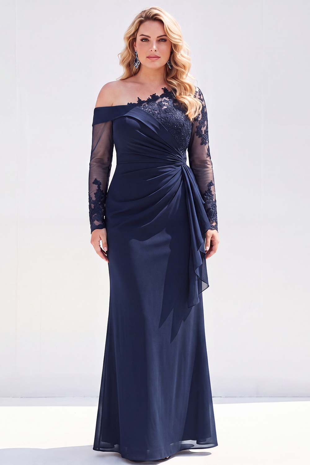 Black Mermaid Long Sleeves Ruched Plus Size Mother of the Bride Dress with Sash