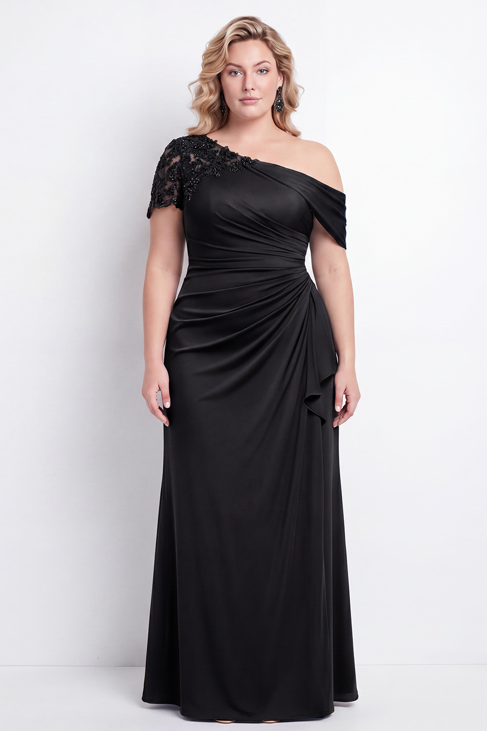 Dressself Women Black One Shoulder Mother of the Bride Dress with Appliques Mermaid Ruched Long Wedding Guest Dress