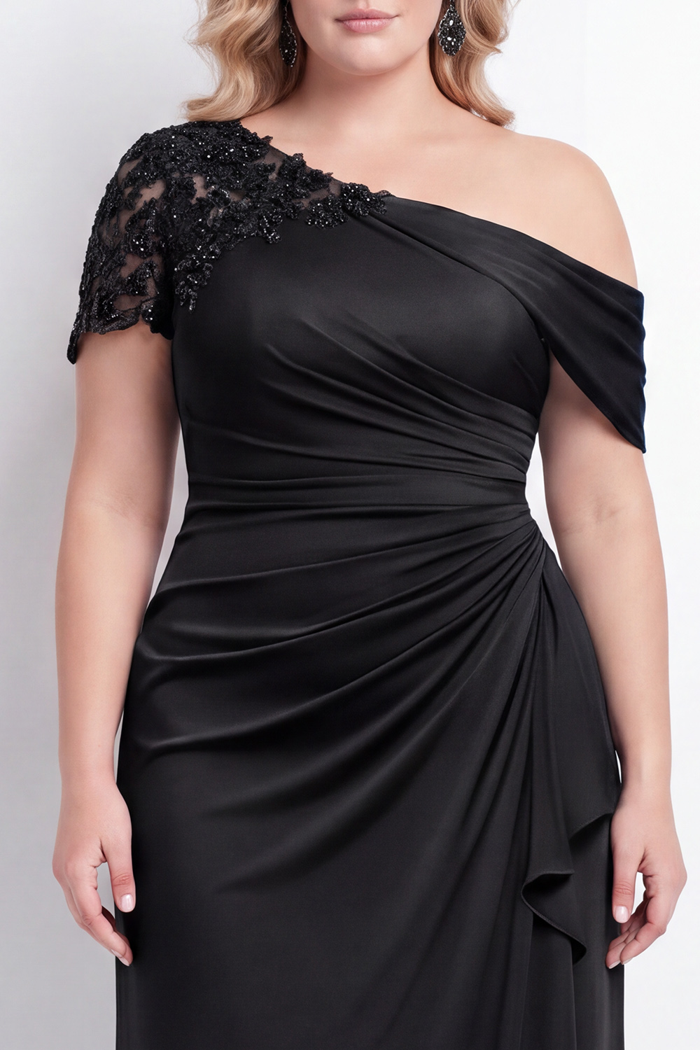 Black One Shoulder Mermaid Ruched Long Mother of the Bride Dress with Appliques