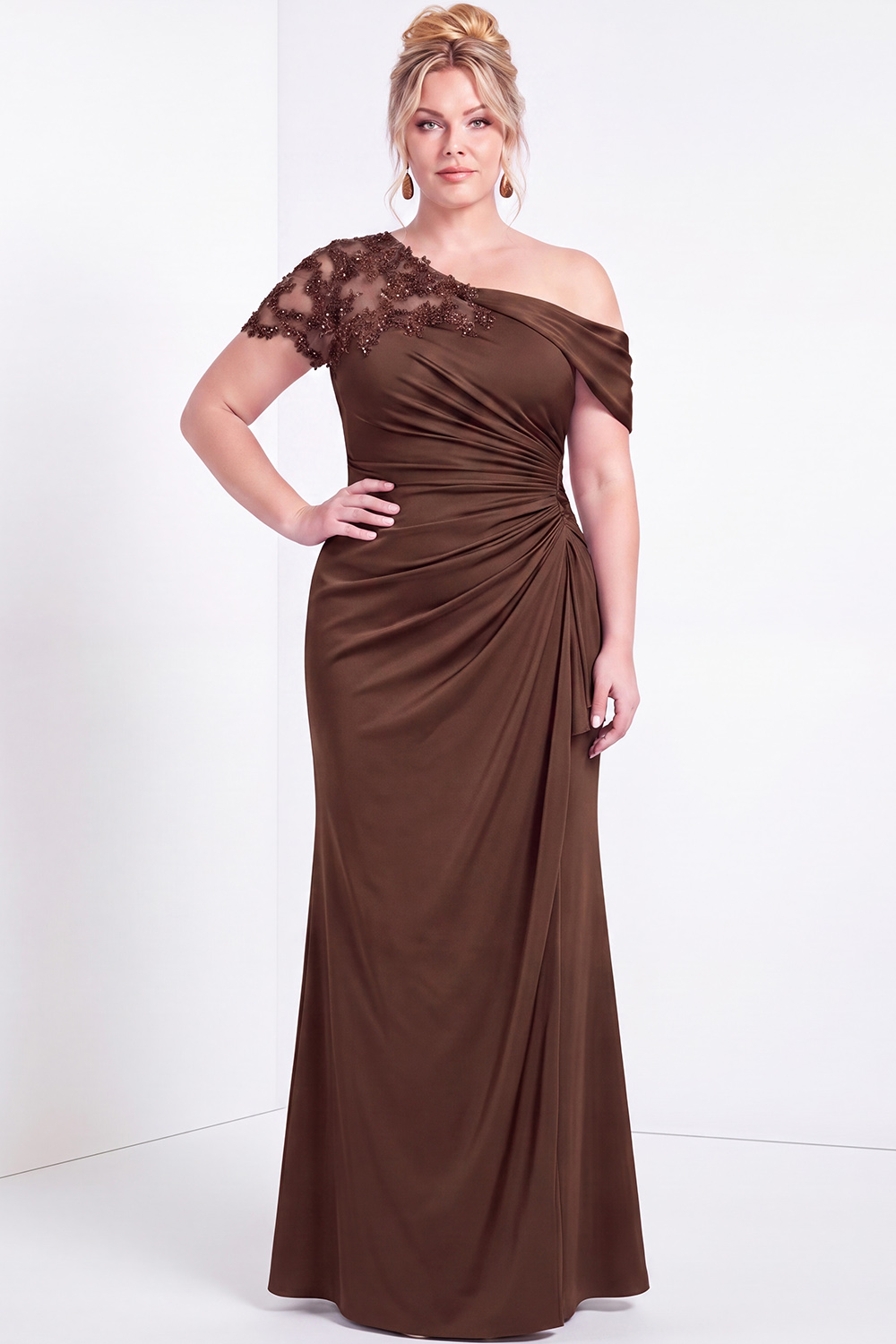 Black One Shoulder Mermaid Ruched Long Mother of the Bride Dress with Appliques