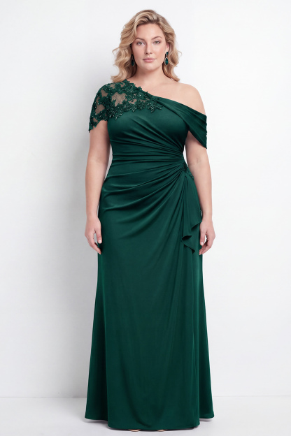 Black One Shoulder Mermaid Ruched Long Mother of the Bride Dress with Appliques