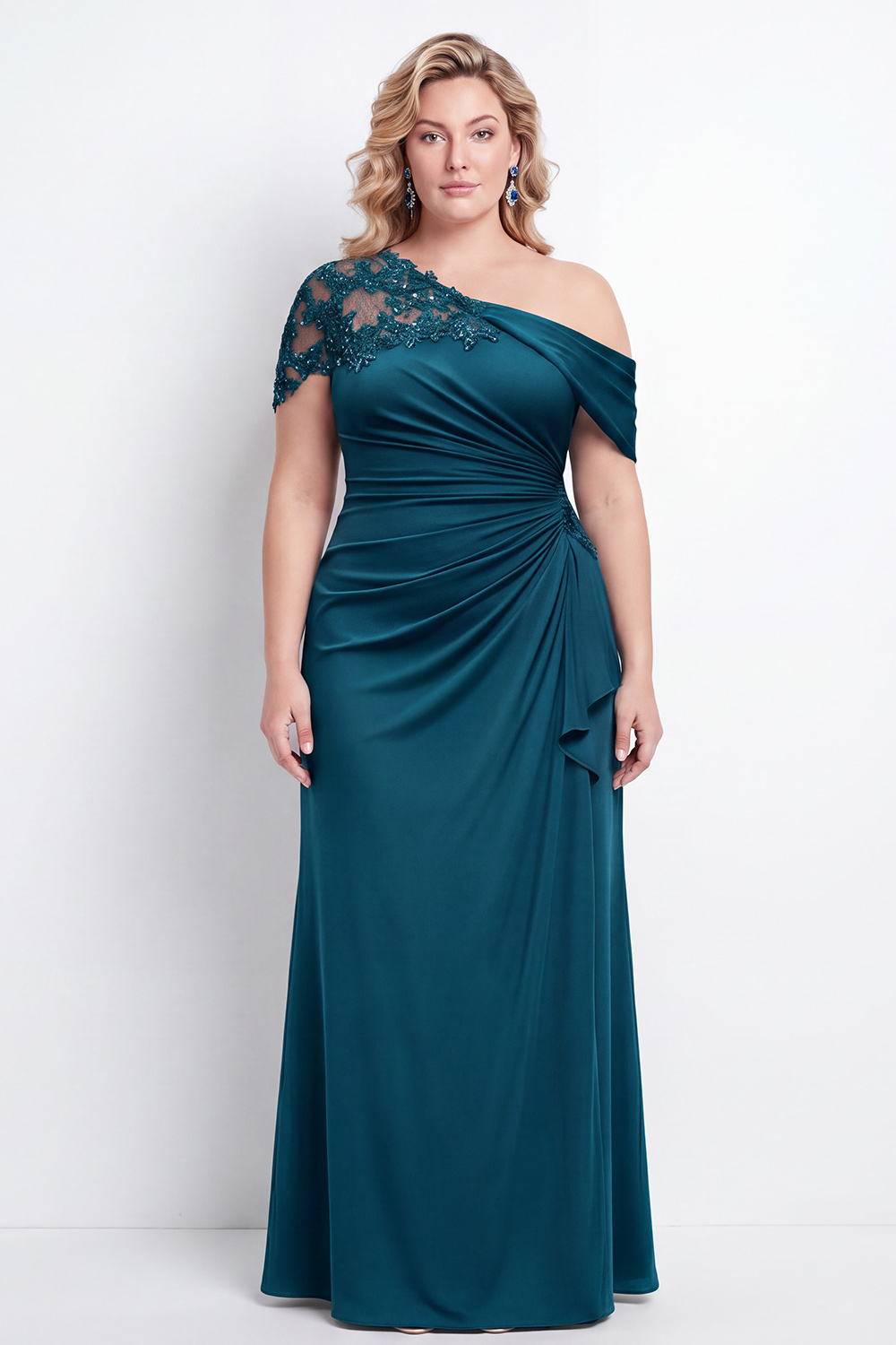 Black One Shoulder Mermaid Ruched Long Mother of the Bride Dress with Appliques