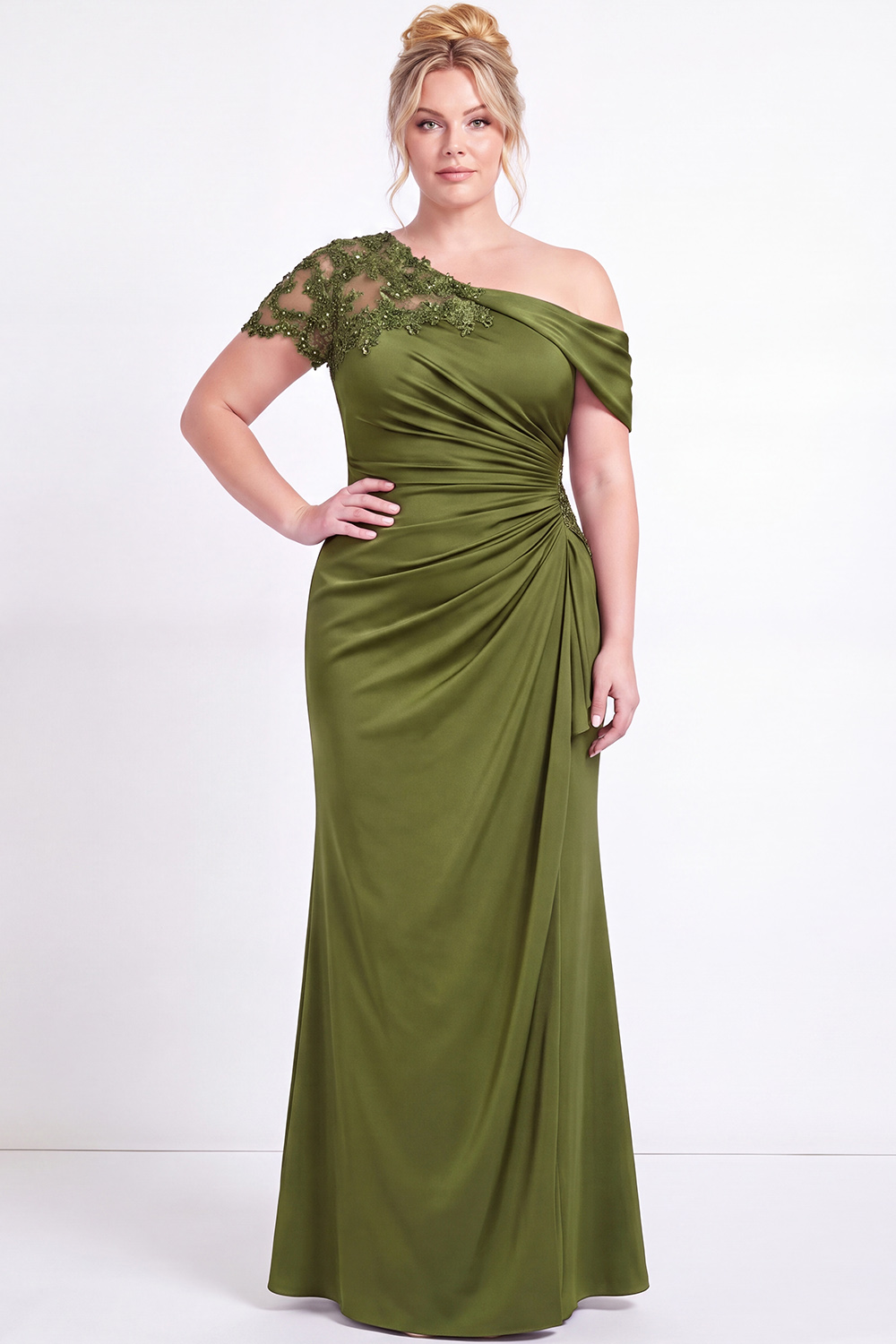 Black One Shoulder Mermaid Ruched Long Mother of the Bride Dress with Appliques