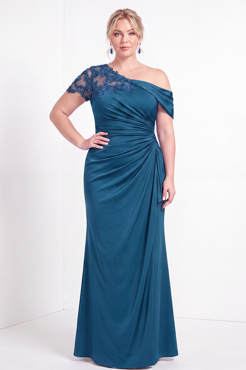 Black One Shoulder Mermaid Ruched Long Mother of the Bride Dress with Appliques