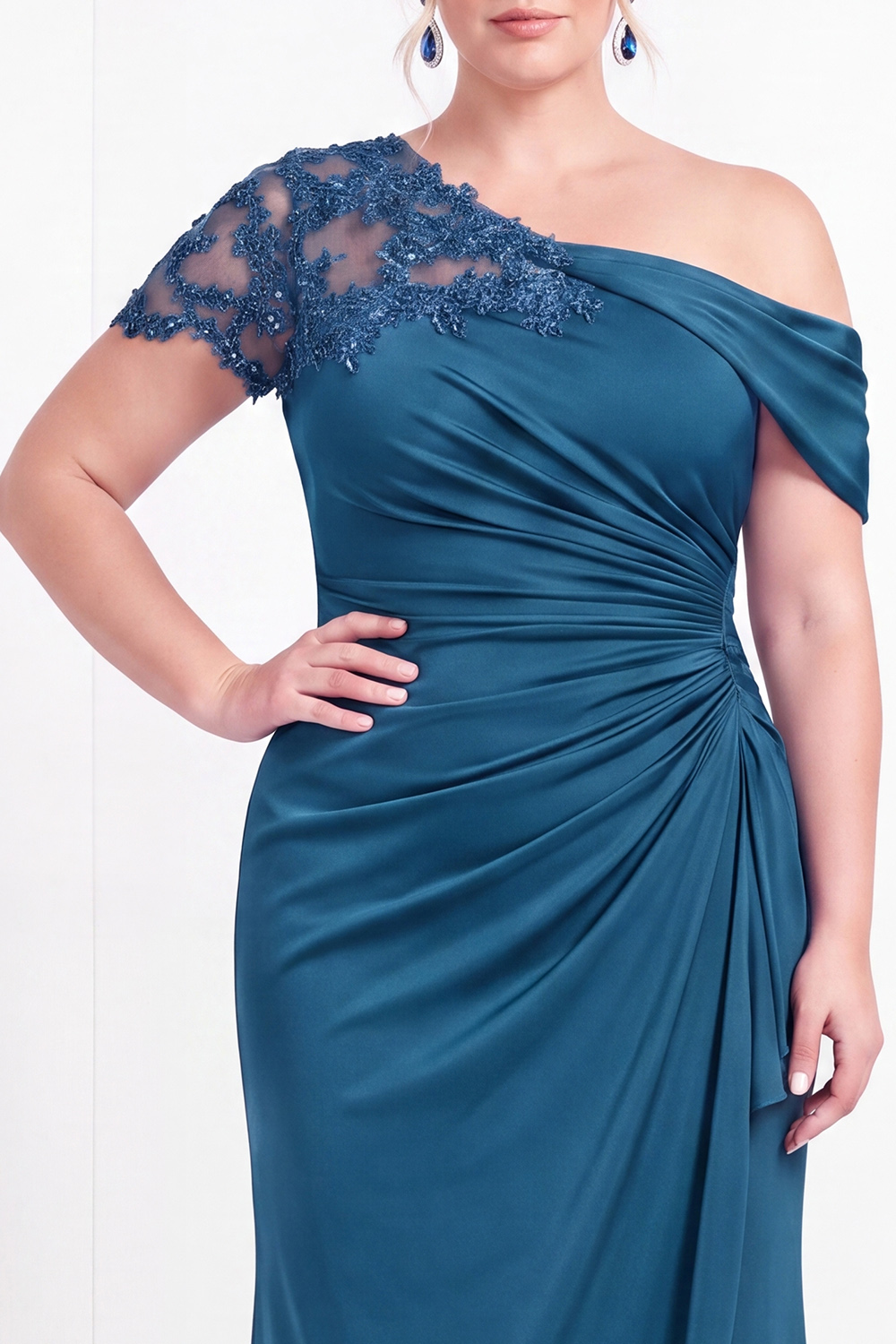 Black One Shoulder Mermaid Ruched Long Mother of the Bride Dress with Appliques