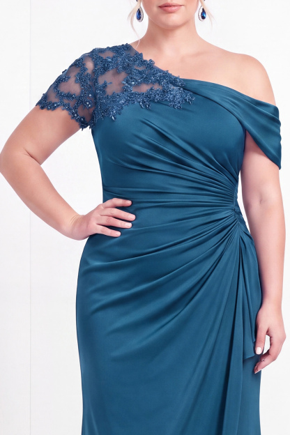 Black One Shoulder Mermaid Ruched Long Mother of the Bride Dress with Appliques
