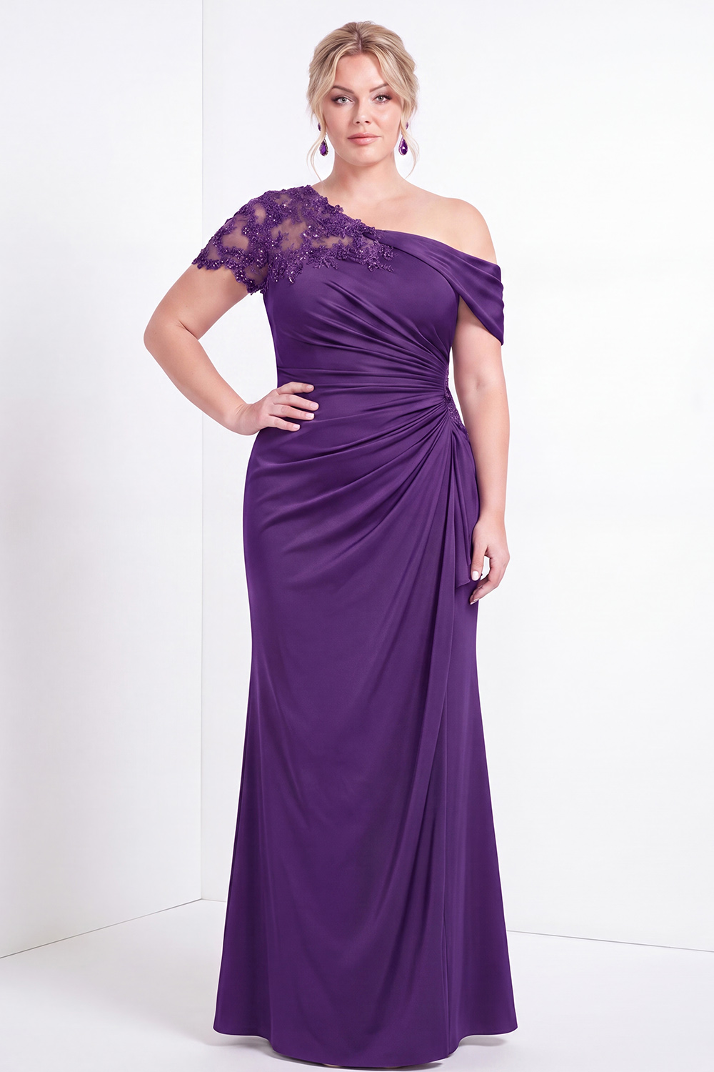 Black One Shoulder Mermaid Ruched Long Mother of the Bride Dress with Appliques