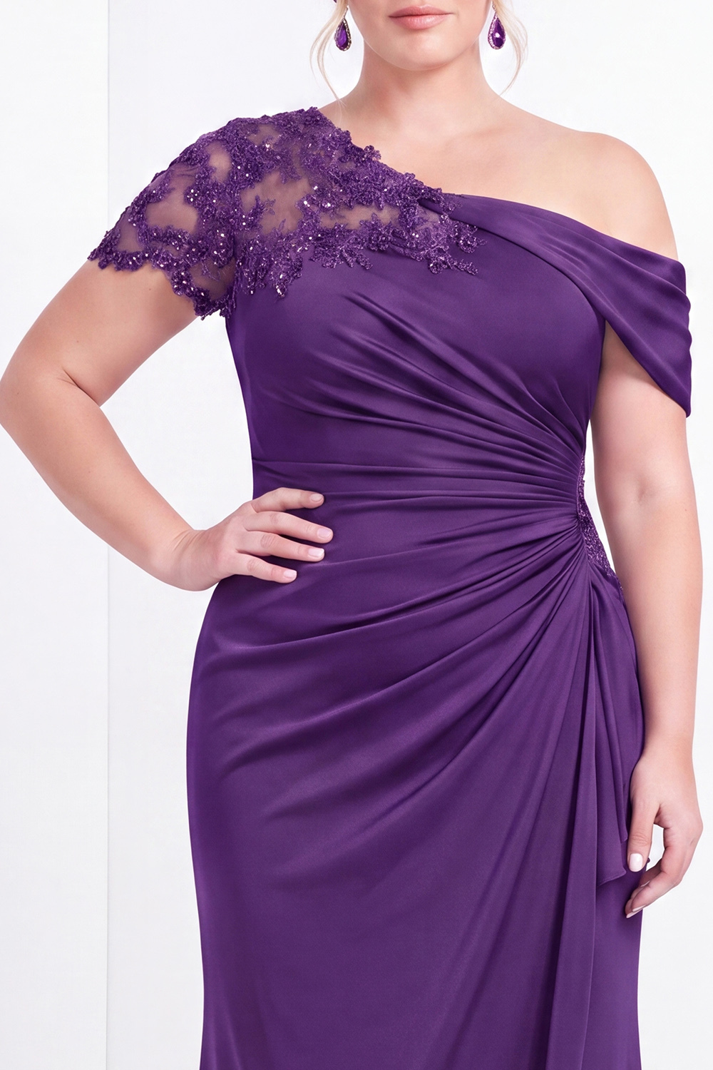 Black One Shoulder Mermaid Ruched Long Mother of the Bride Dress with Appliques