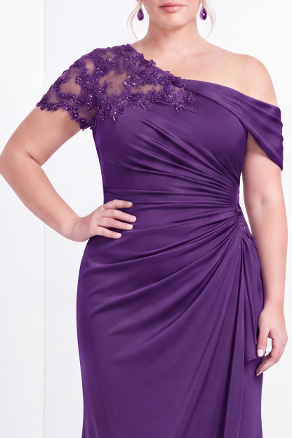 Black One Shoulder Mermaid Ruched Long Mother of the Bride Dress with Appliques