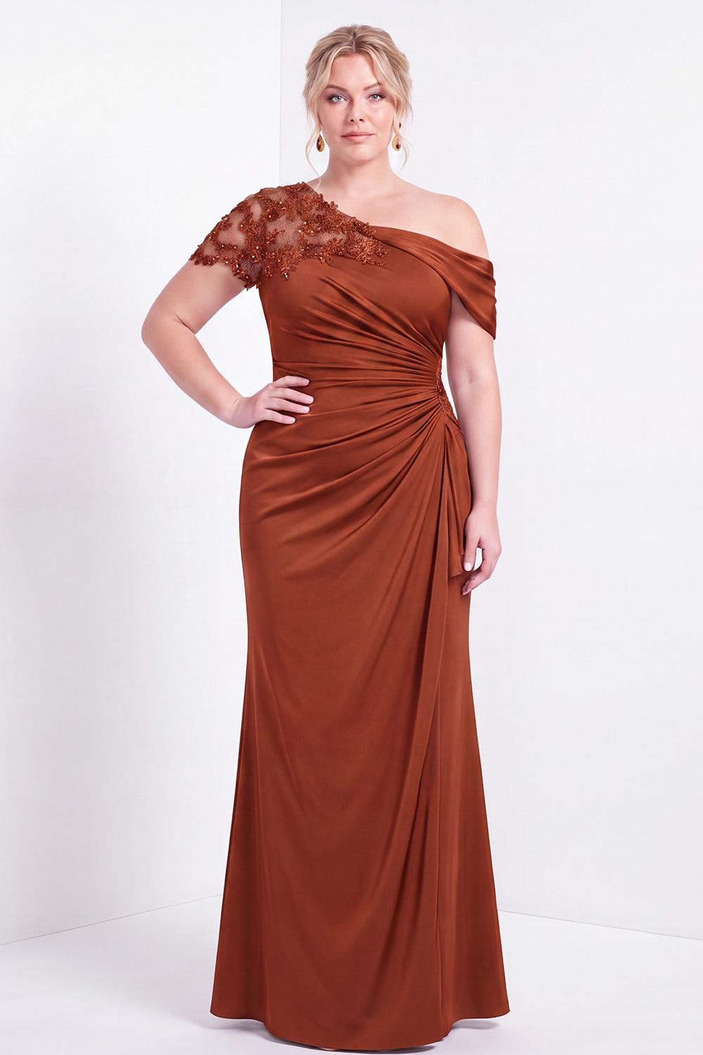 Black One Shoulder Mermaid Ruched Long Mother of the Bride Dress with Appliques