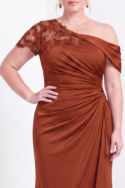 Black One Shoulder Mermaid Ruched Long Mother of the Bride Dress with Appliques