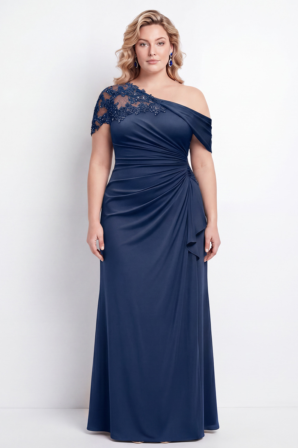 Black One Shoulder Mermaid Ruched Long Mother of the Bride Dress with Appliques