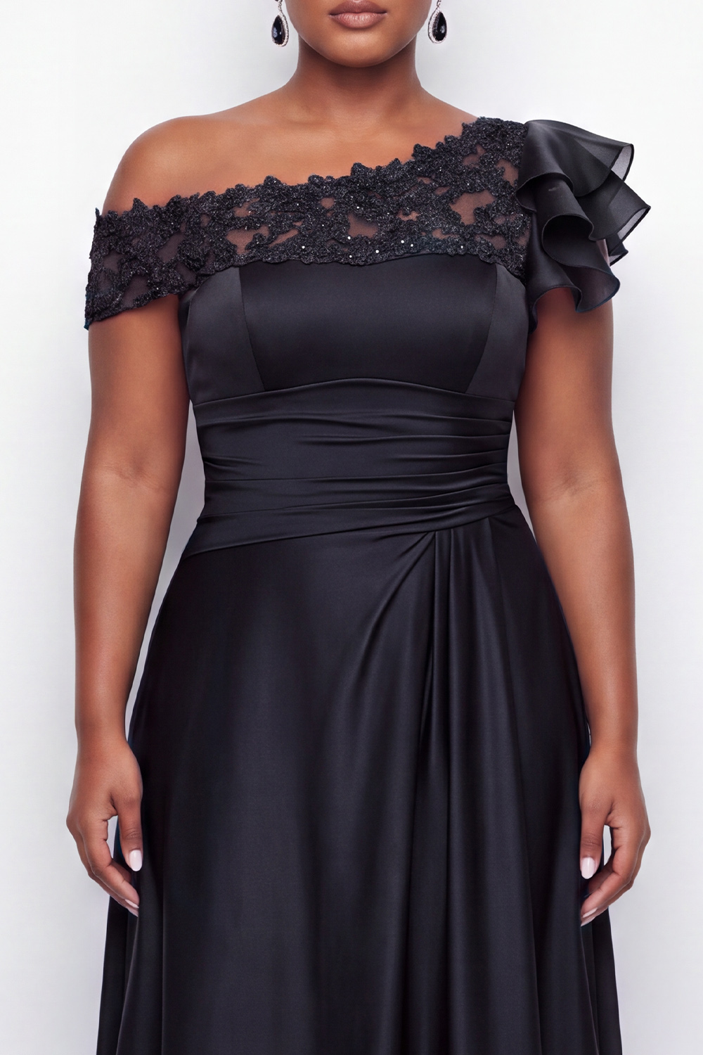 A-Line Asymmetrical Ink Blue Plus Size Long Mother of the Bride Dress with Appliques