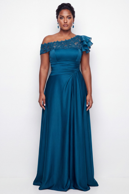 Dressself Women Ink Blue Mother Of Bride Dress A-Line Asymmetrical Plus Size Long Wedding Guest Dress