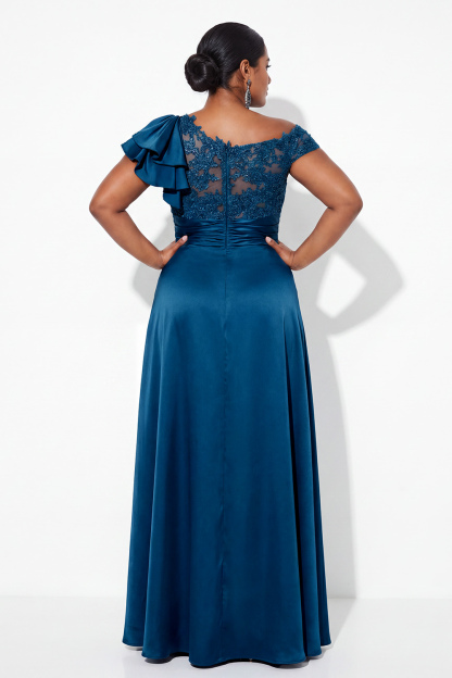 A-Line Asymmetrical Ink Blue Plus Size Long Mother of the Bride Dress with Appliques