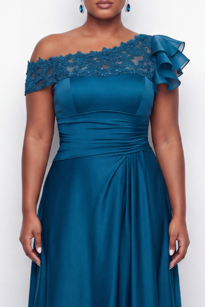 A-Line Asymmetrical Ink Blue Plus Size Long Mother of the Bride Dress with Appliques
