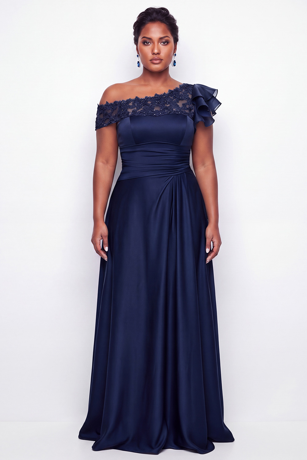 A-Line Asymmetrical Ink Blue Plus Size Long Mother of the Bride Dress with Appliques