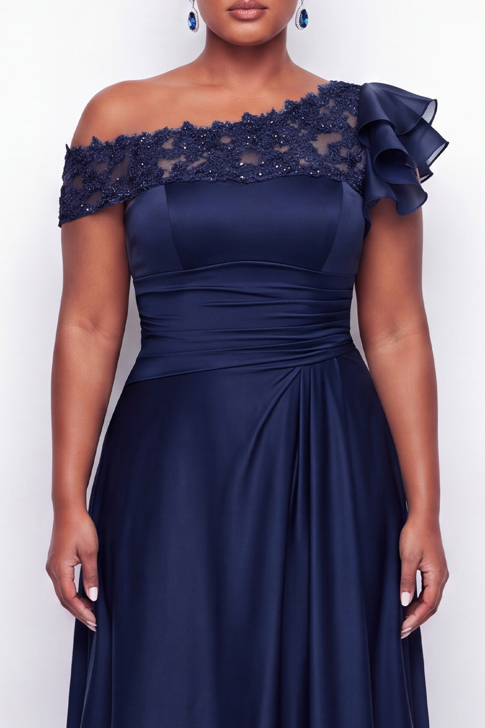 A-Line Asymmetrical Ink Blue Plus Size Long Mother of the Bride Dress with Appliques