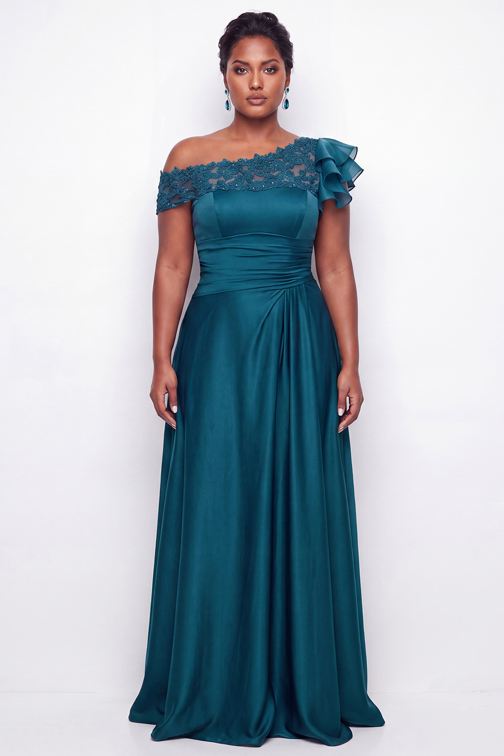 A-Line Asymmetrical Ink Blue Plus Size Long Mother of the Bride Dress with Appliques