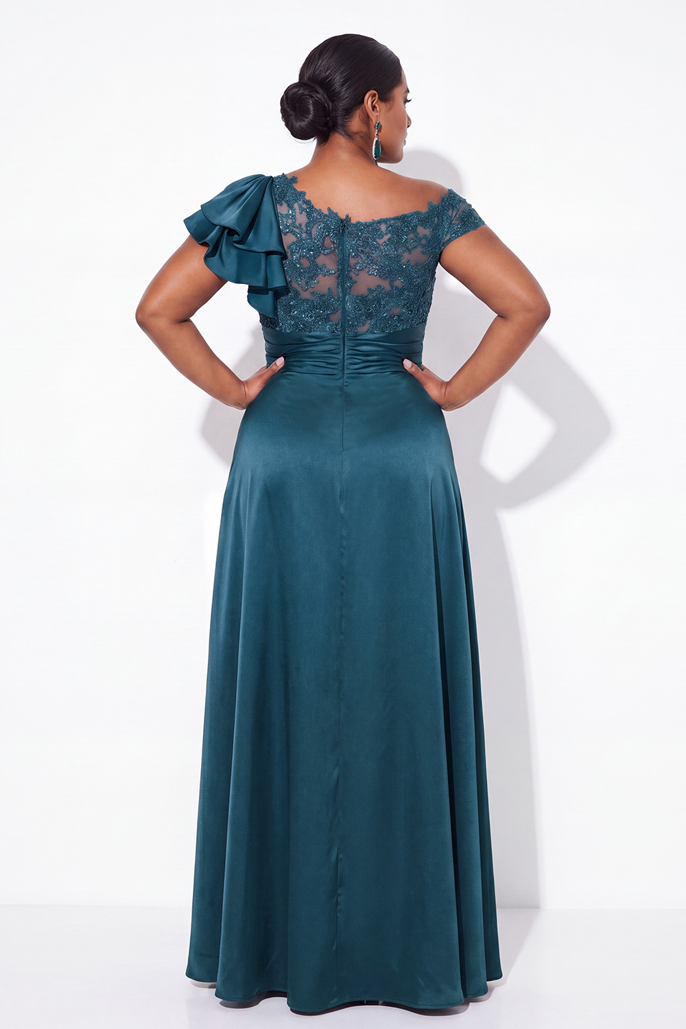 A-Line Asymmetrical Ink Blue Plus Size Long Mother of the Bride Dress with Appliques