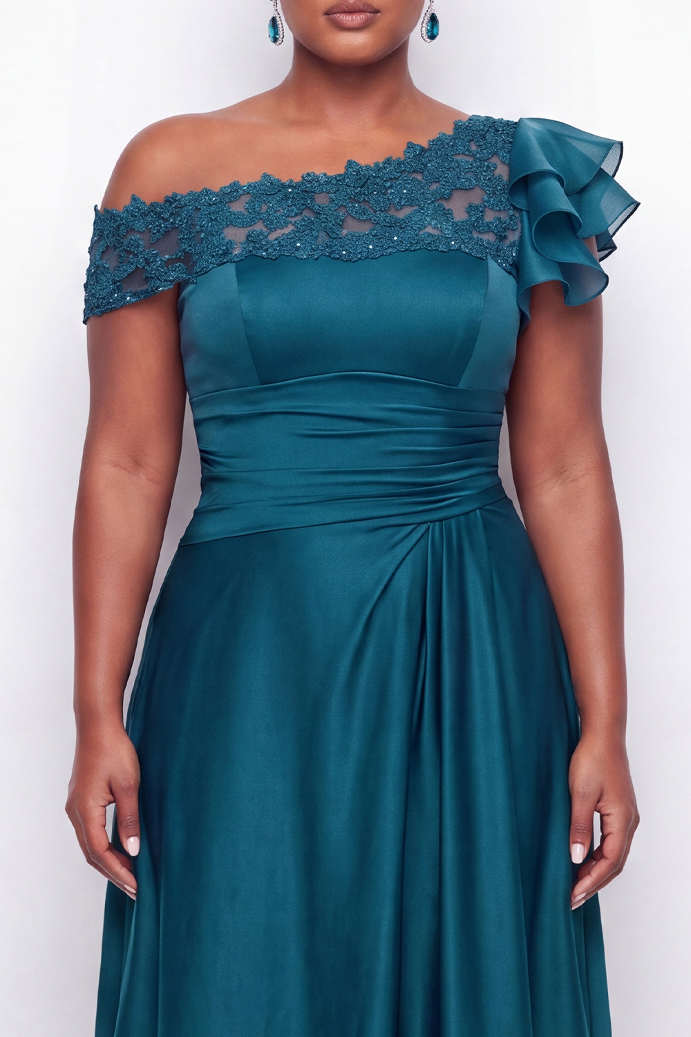 A-Line Asymmetrical Ink Blue Plus Size Long Mother of the Bride Dress with Appliques