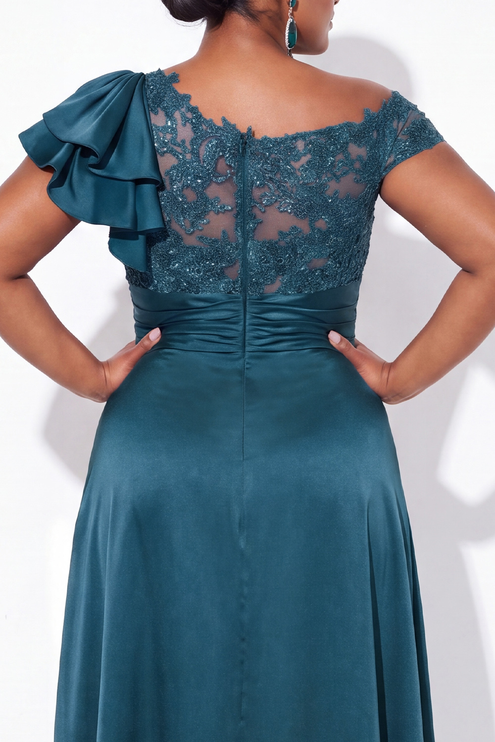 A-Line Asymmetrical Ink Blue Plus Size Long Mother of the Bride Dress with Appliques