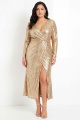 Sparkly Champagne Plus Size Sheath V-Neck Sequin Long Sleeve Midi Formal Dress with Slit