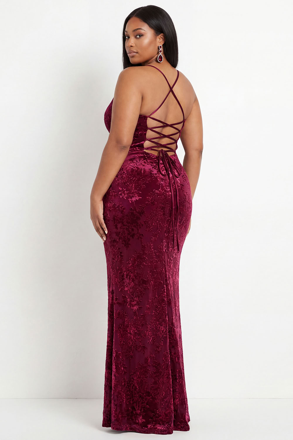 Burgundy Velvet Mermaid Spaghetti Straps Long Formal Dress with Lace Up Back