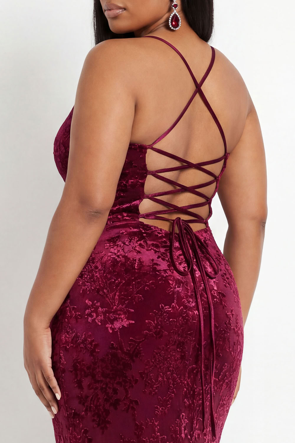 Burgundy Velvet Mermaid Spaghetti Straps Long Formal Dress with Lace Up Back