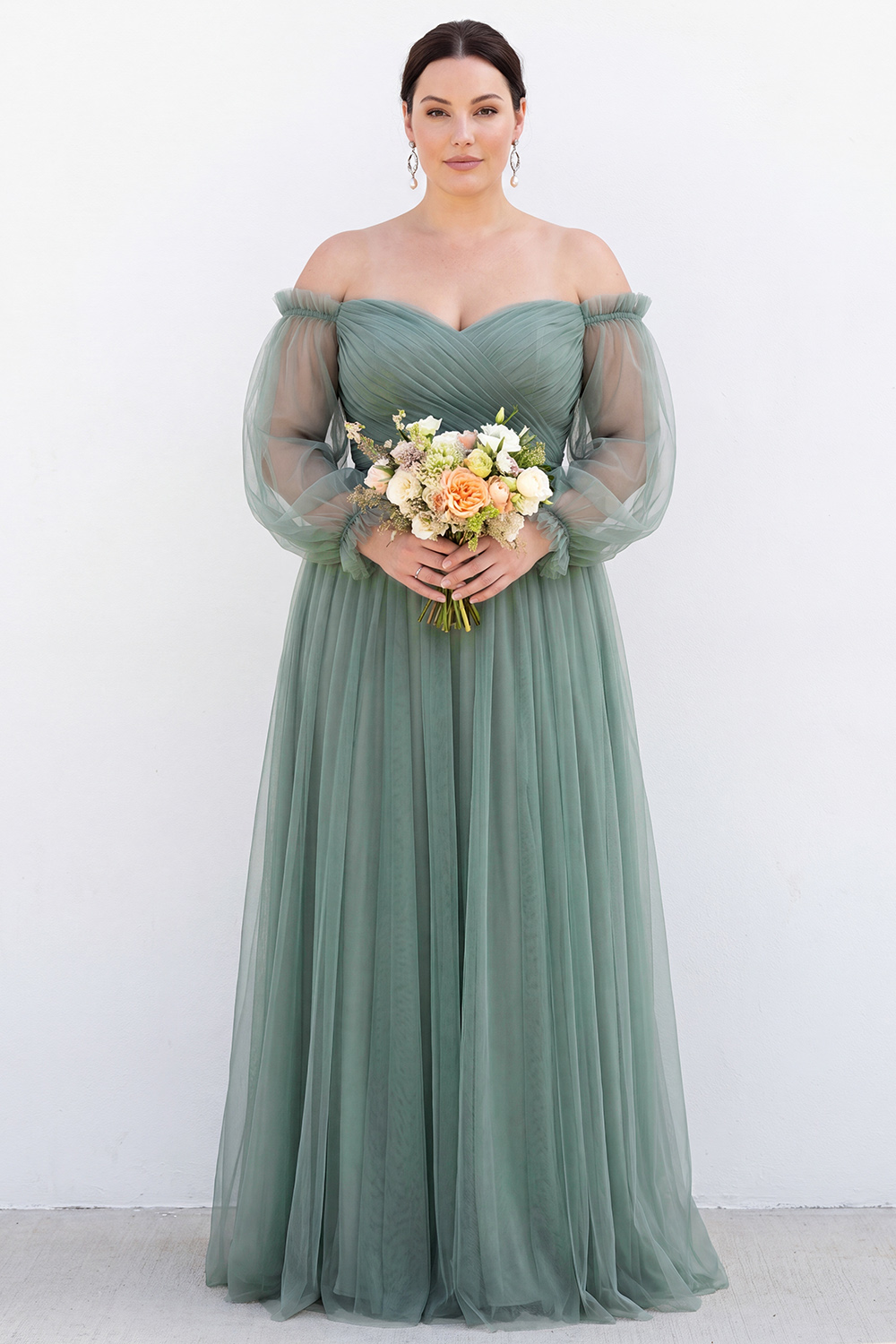 Eucalyptus Off the Shoulder Long A-Line Plus Size Mother of the Bride Dress with Long Sleeves