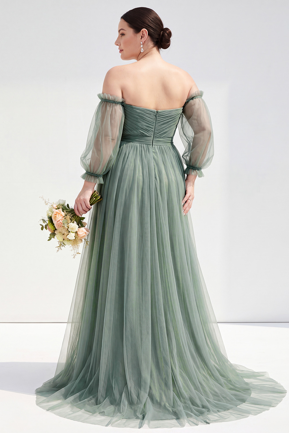 Eucalyptus Off the Shoulder Long A-Line Plus Size Mother of the Bride Dress with Long Sleeves