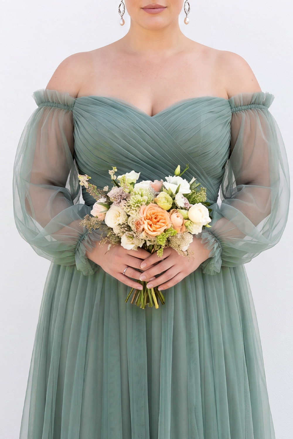 Eucalyptus Off the Shoulder Long A-Line Plus Size Mother of the Bride Dress with Long Sleeves