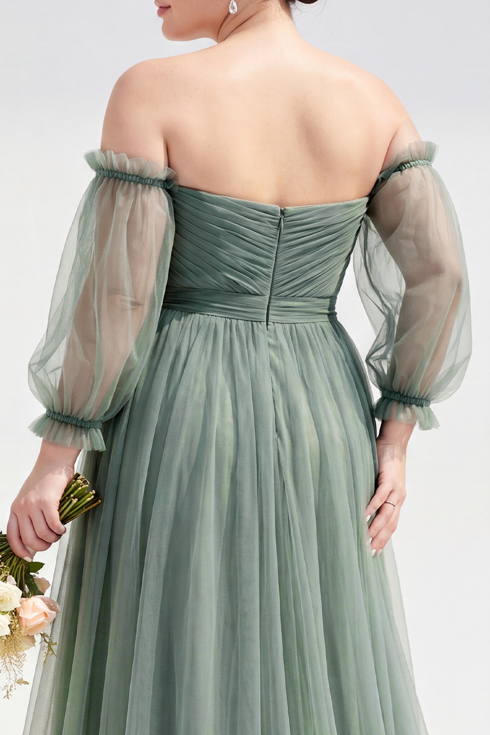 Eucalyptus Off the Shoulder Long A-Line Plus Size Mother of the Bride Dress with Long Sleeves