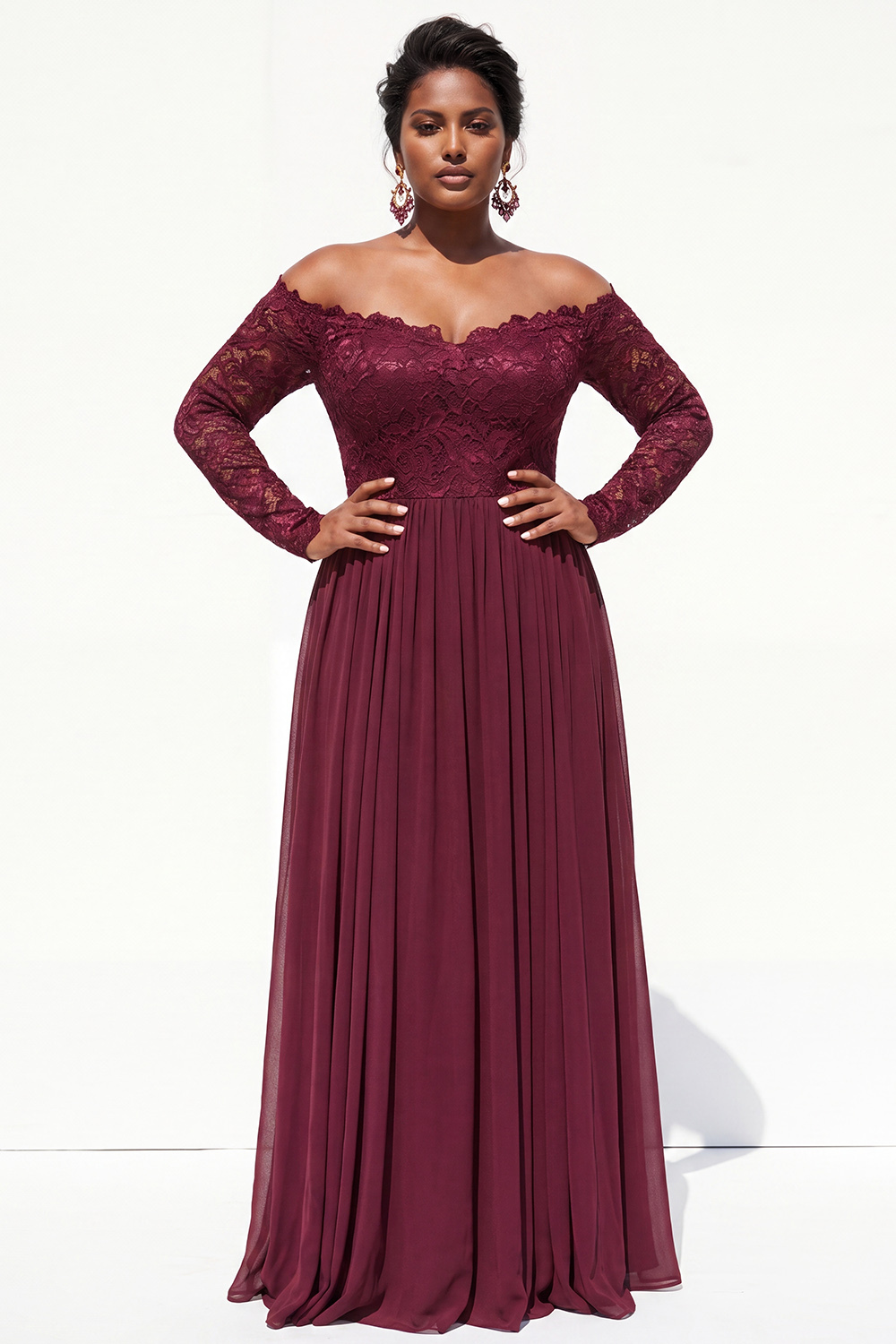 Dressself Women Cabernet Mother Of Bride Dress with Lace A-Line Long Sleeves Off the Shoulder Plus Size Long Wedding Guest Dress