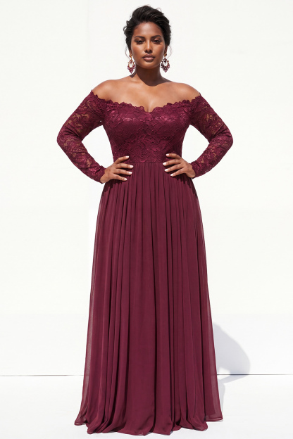 Dressself Women Cabernet Mother Of Bride Dress with Lace A-Line Long Sleeves Off the Shoulder Plus Size Long Wedding Guest Dress