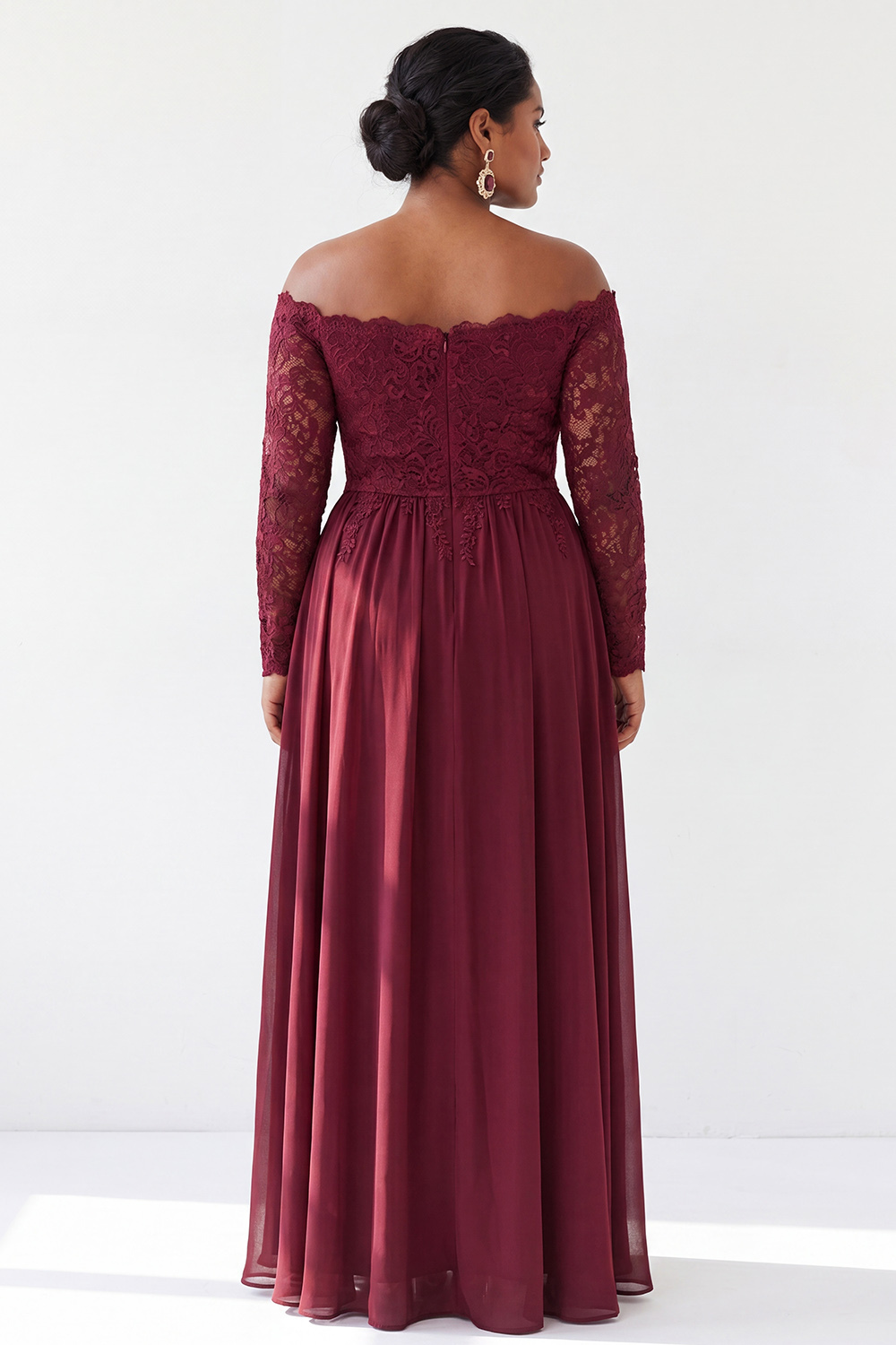 Cabernet A-Line Off the Shoulder Plus Size Long Mother of the Bride Dress with Lace