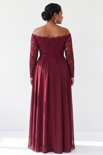 Cabernet A-Line Off the Shoulder Plus Size Long Mother of the Bride Dress with Lace