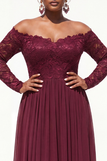 Cabernet A-Line Off the Shoulder Plus Size Long Mother of the Bride Dress with Lace