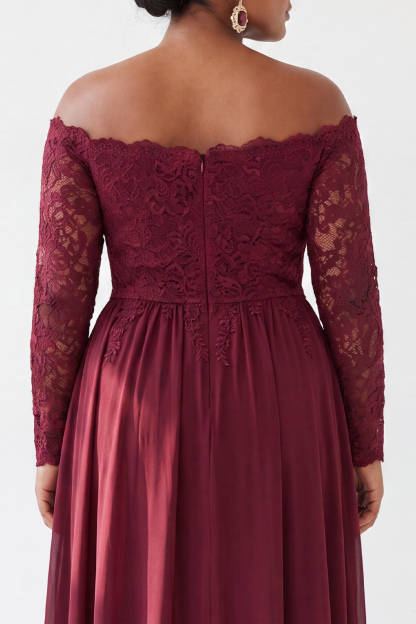 Cabernet A-Line Off the Shoulder Plus Size Long Mother of the Bride Dress with Lace