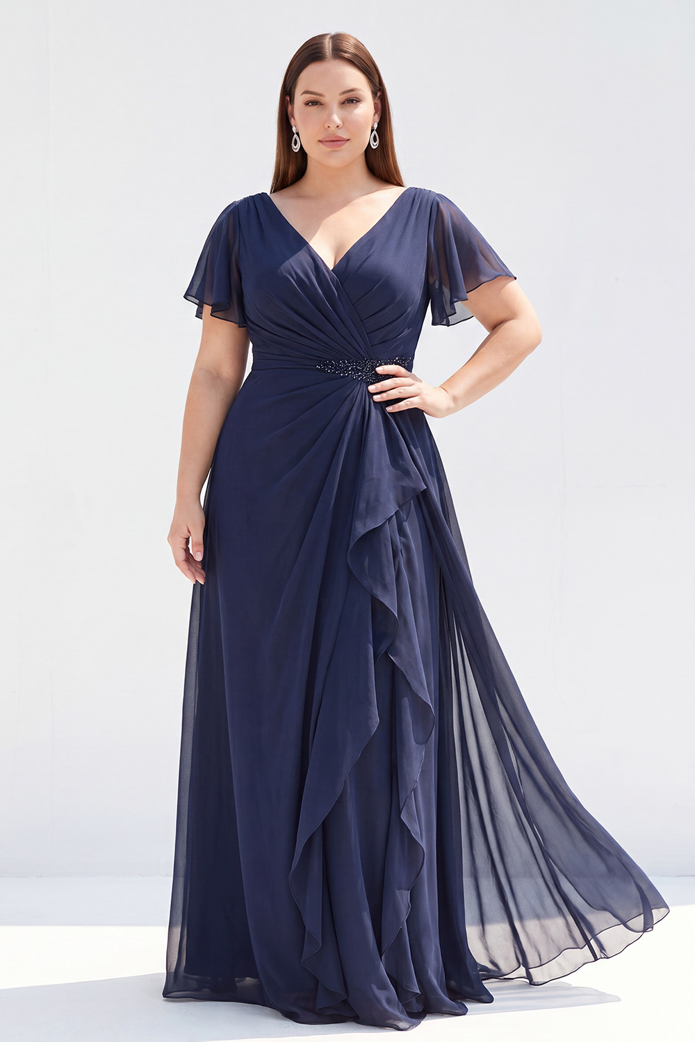 Dressself Women Chiffon Navy Mother Of Bride Dress with Ruffles A-Line V-Neck Plus Size Long Wedding Guest Dress
