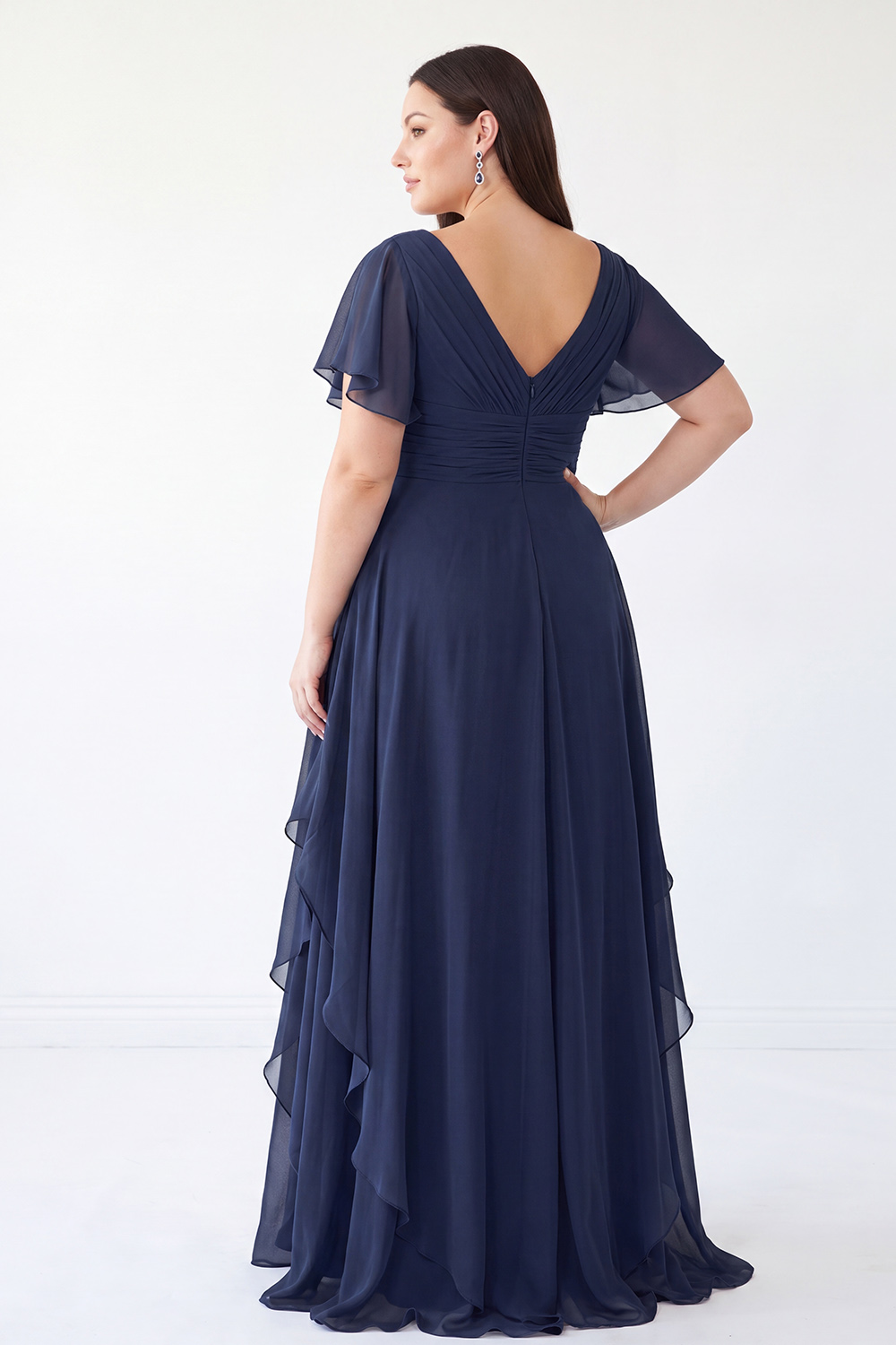 Chiffon A-Line Navy V-Neck Plus Size Long Mother of the Bride Dress with Ruffles