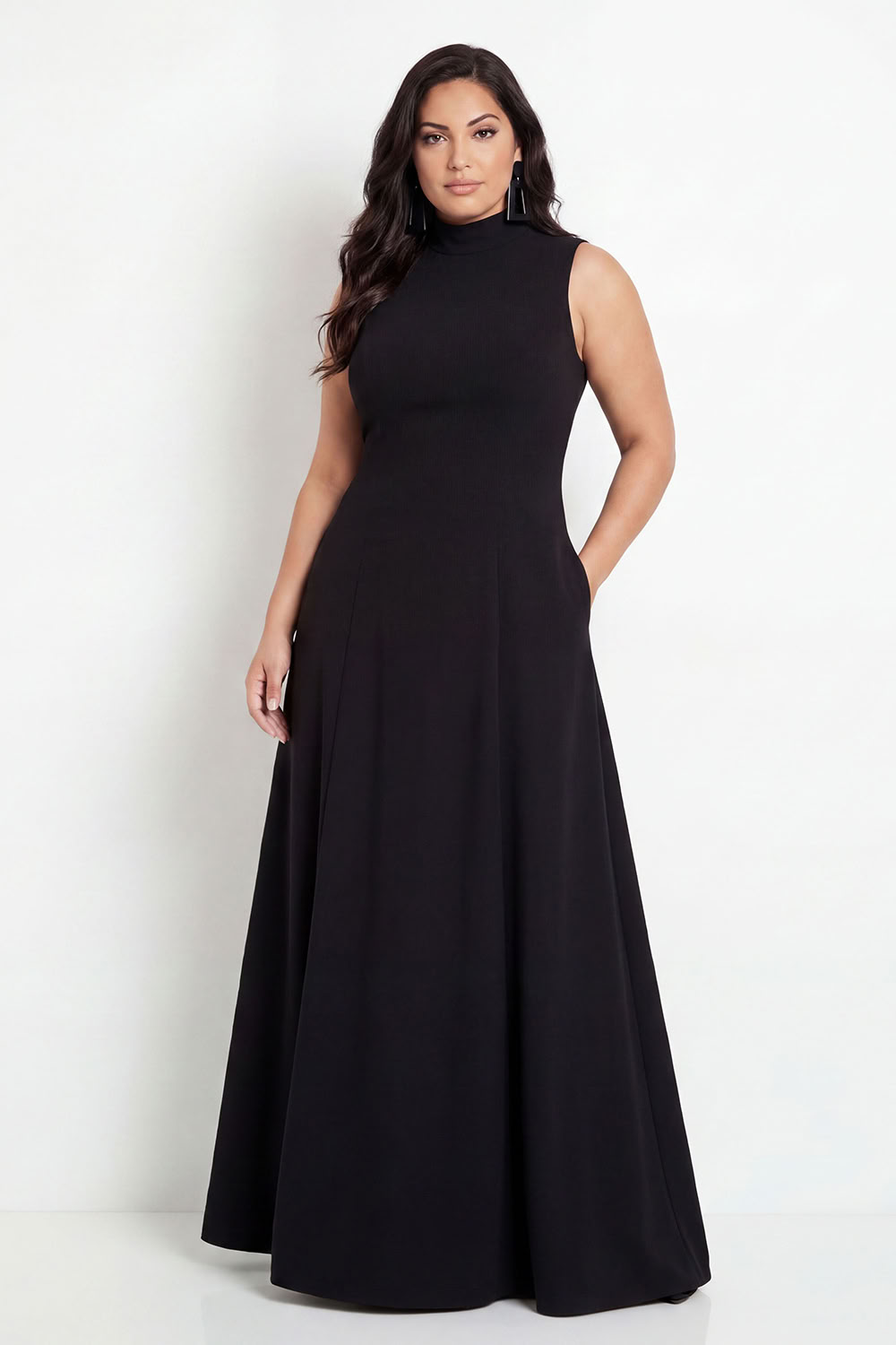 Dressself Women Black Formal Dress with Pockets A-Line High Neck Plus Size Long Evening Dress