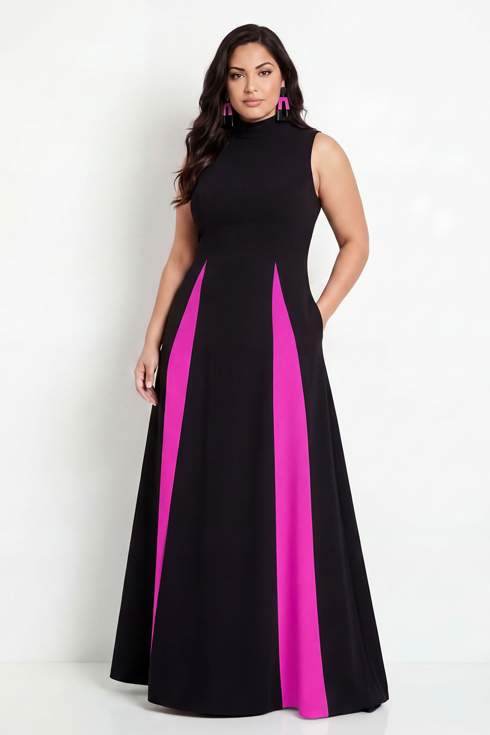 Black A-Line Plus Size High Neck Long Formal Dress with Pockets