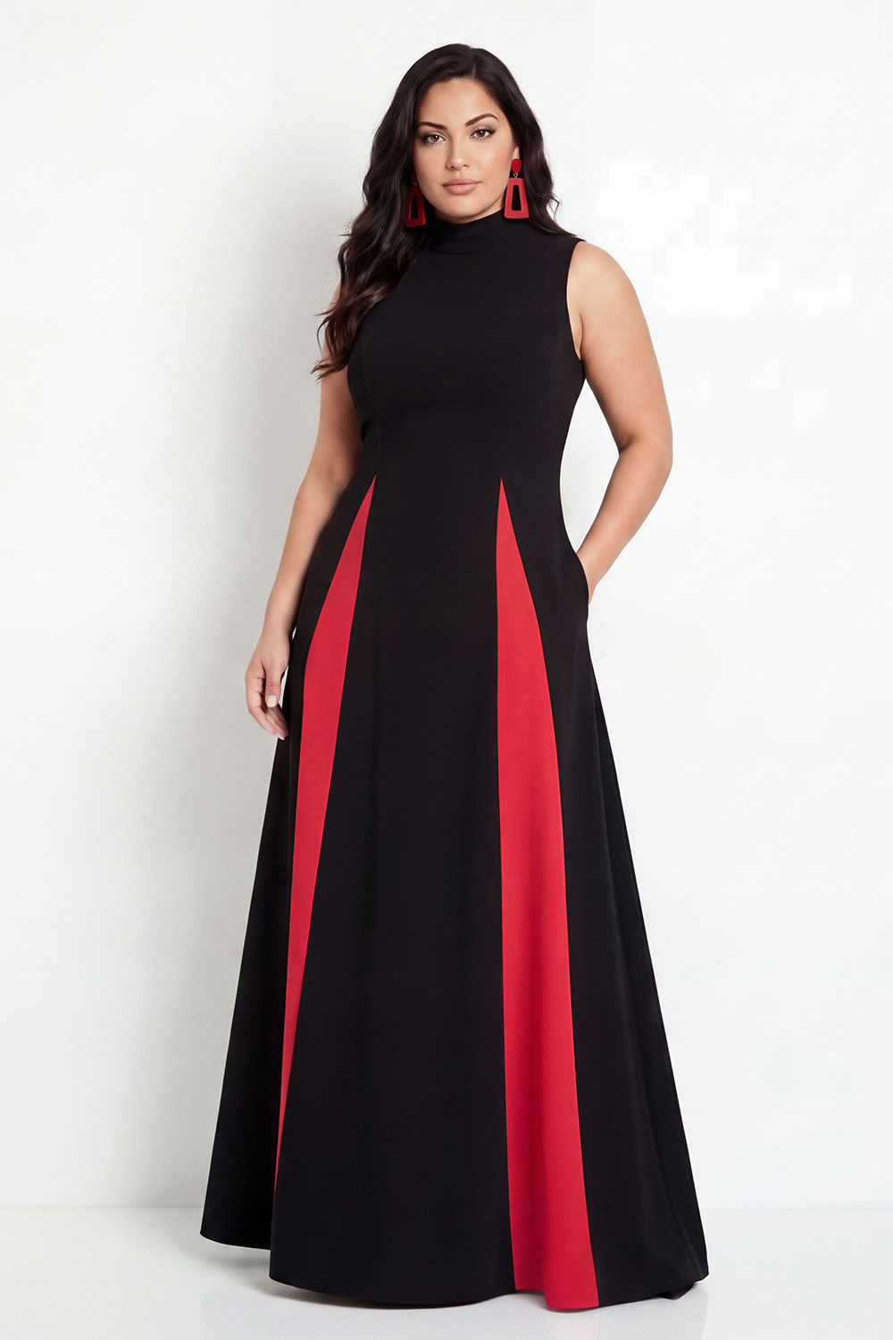 Black A-Line Plus Size High Neck Long Formal Dress with Pockets