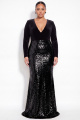 Sparkly Black Mermaid V-Neck Sequins Plus Size Long Formal Dress with Long Sleeves