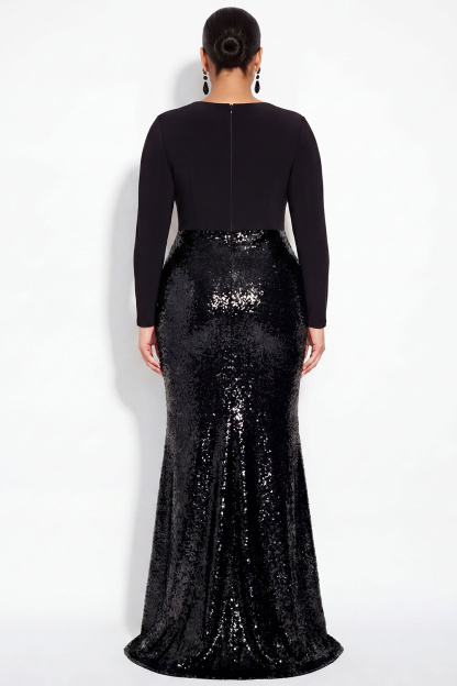 Sparkly Black Mermaid V-Neck Sequins Plus Size Long Formal Dress with Long Sleeves